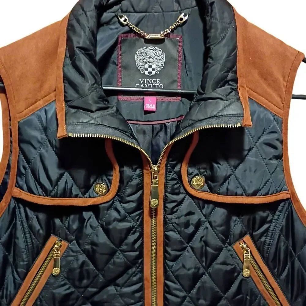 Vince Camuto Black Suede Quilted Riding Vest Women's Large - Picture 2 of 12